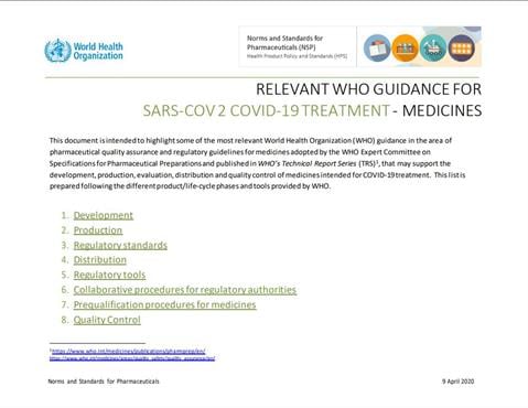 Relevant WHO guidance for SARS-COV2 COVID-19 treatment - Medicines