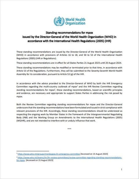 Standing recommendations for mpox issued by the Director-General of the World Health Organization (WHO) in accordance with the International Health Regulations (2005) (IHR)