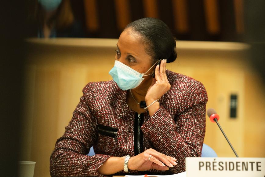 President of the Assembly, Ms Keva Bain from the Bahamas during the resumed Seventy-third World Health Assembly