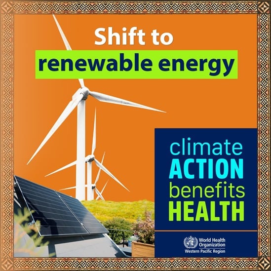 Sustainable energy graphic with windmills and solar panels
