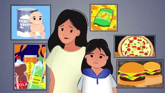 Mother and daughter looking at harmful food advertisements of unhealthy foods.